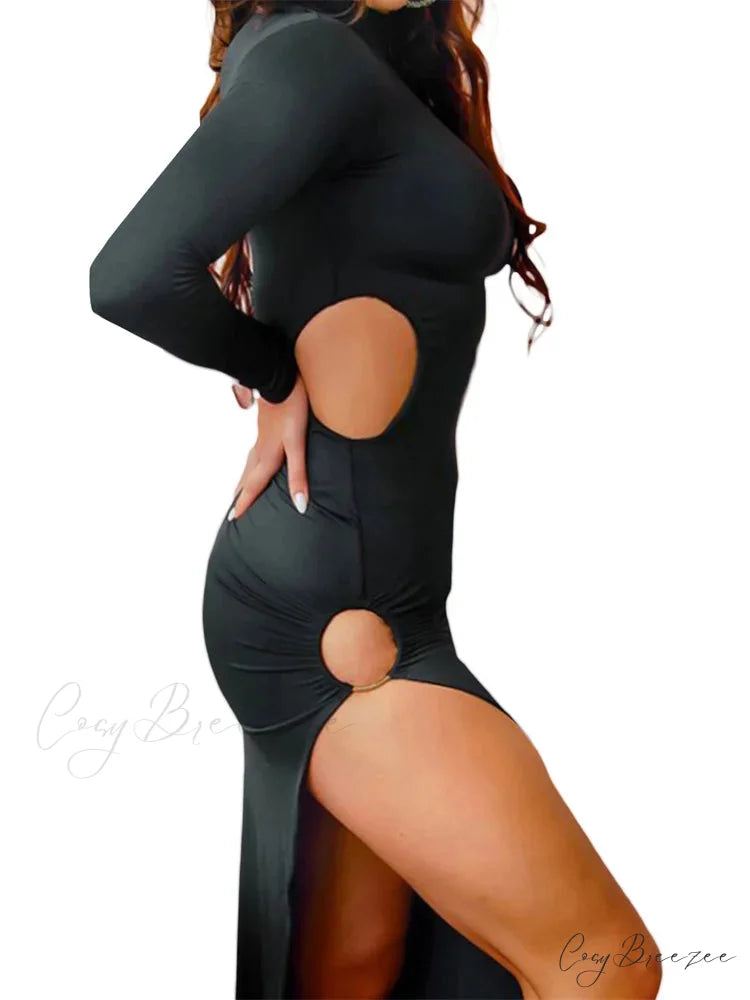 Sexy Women High Split Sleeve High Neck Solid Evening Side Cutout Bodycon Female Vestidos