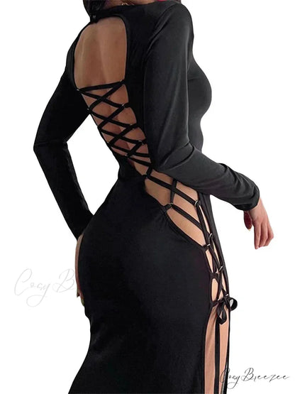 Sexy Women Hollow Out Backless Summer Sleeve High Split Tie Up Round Neck Party Vestidos