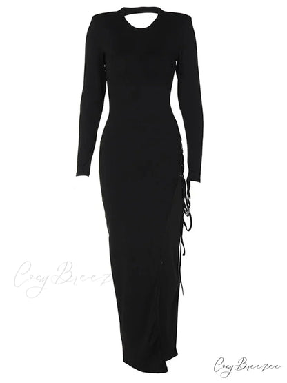 Sexy Women Hollow Out Backless Summer Sleeve High Split Tie Up Round Neck Party Vestidos