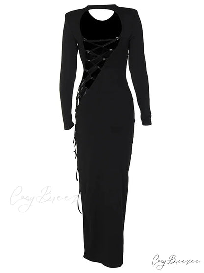 Sexy Women Hollow Out Backless Summer Sleeve High Split Tie Up Round Neck Party Vestidos