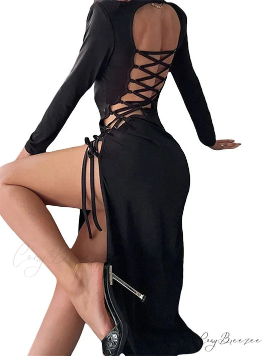 Sexy Women Hollow Out Backless Summer Sleeve High Split Tie Up Round Neck Party Vestidos Black / S