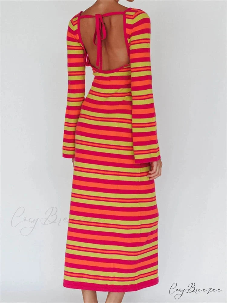 Sexy Women Knitted Sleeve Crew Neck Backless Tie-up Striped Print Slim Fit Spring Fall Vestidos