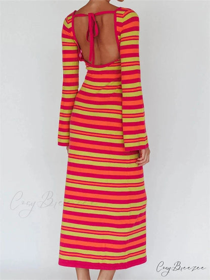 Sexy Women Knitted Sleeve Crew Neck Backless Tie-up Striped Print Slim Fit Spring Fall Vestidos