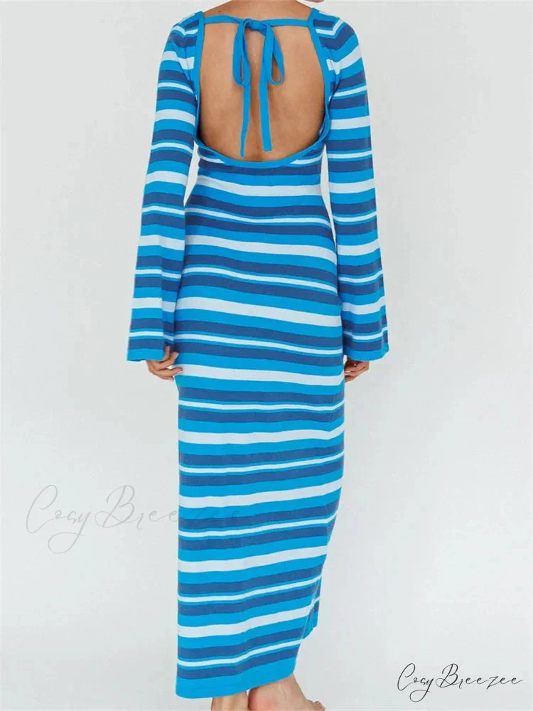 Sexy Women Knitted Sleeve Crew Neck Backless Tie-up Striped Print Slim Fit Spring Fall Vestidos
