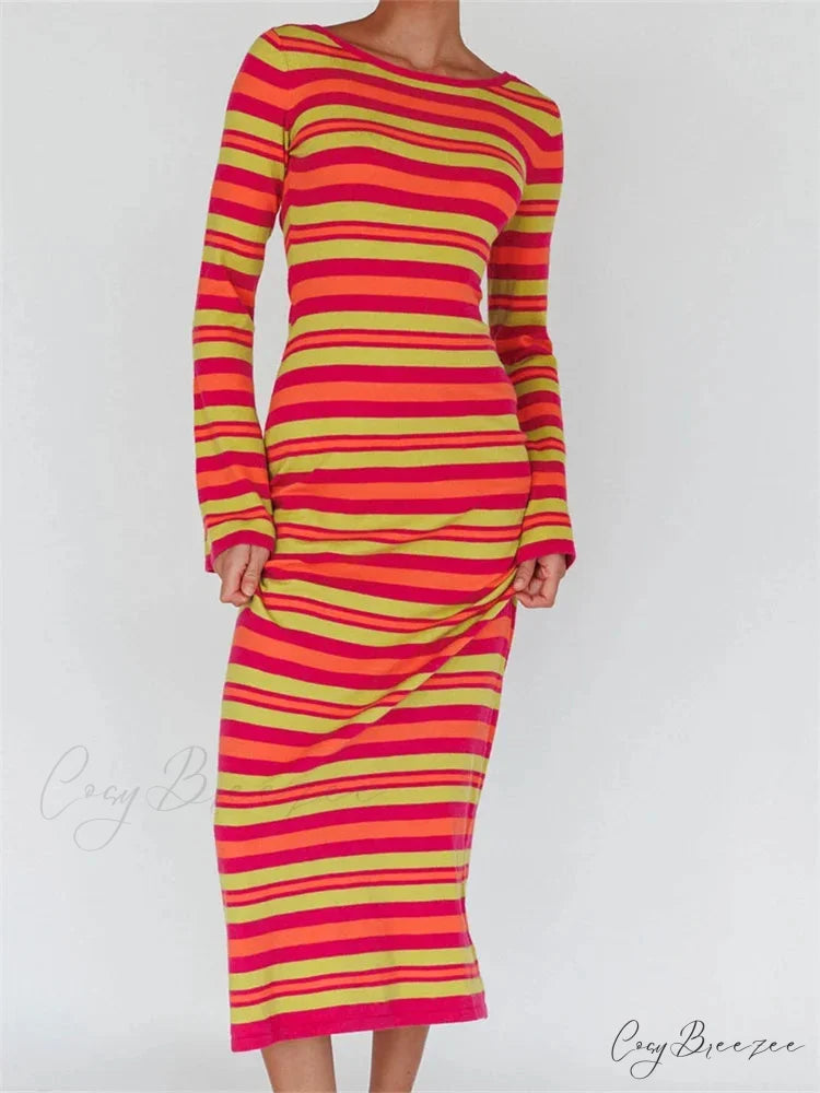 Sexy Women Knitted Sleeve Crew Neck Backless Tie-up Striped Print Slim Fit Spring Fall Vestidos