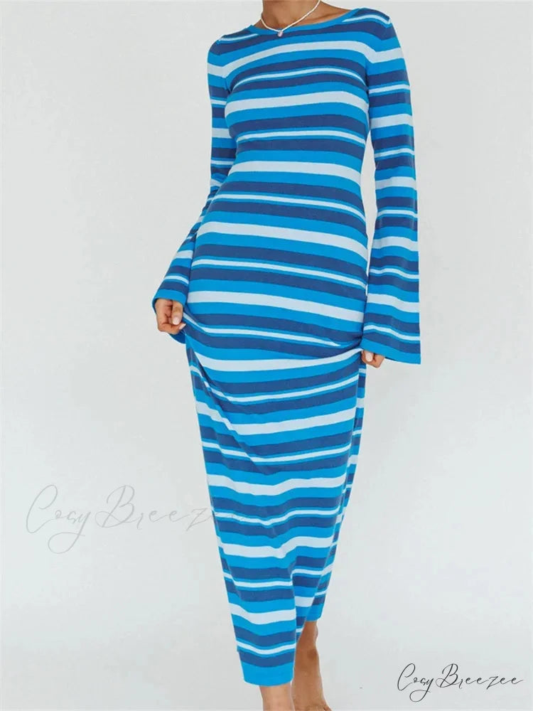 Sexy Women Knitted Sleeve Crew Neck Backless Tie-up Striped Print Slim Fit Spring Fall Vestidos BLUE / S