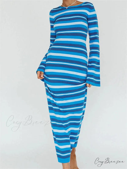 Sexy Women Knitted Sleeve Crew Neck Backless Tie-up Striped Print Slim Fit Spring Fall Vestidos BLUE / S