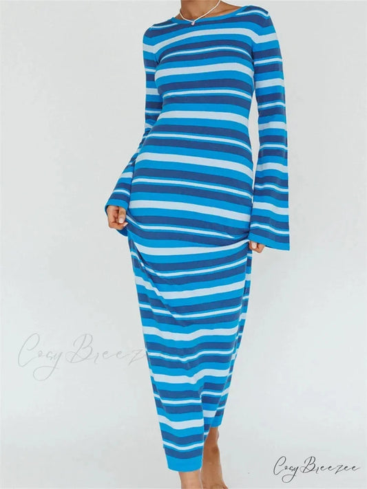 Sexy Women Knitted Sleeve Crew Neck Backless Tie-up Striped Print Slim Fit Spring Fall Vestidos BLUE / S