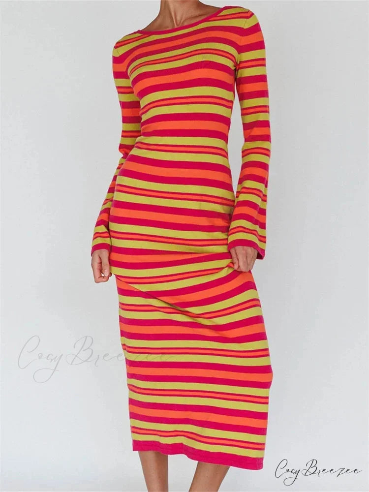 Sexy Women Knitted Sleeve Crew Neck Backless Tie-up Striped Print Slim Fit Spring Fall Vestidos ORANGE / S