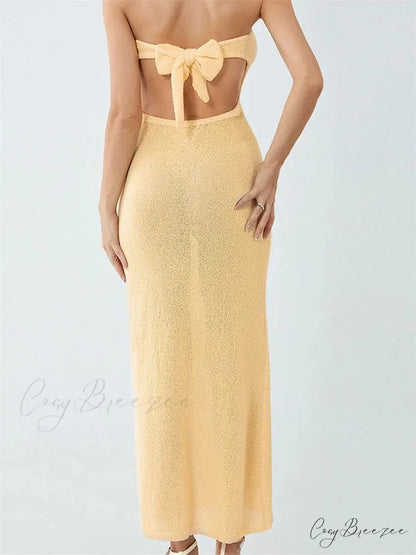 Sexy Women Knitted Tube Strapless Off Shoulder Solid Summer Tie-up Backless Beach Female Vestidos