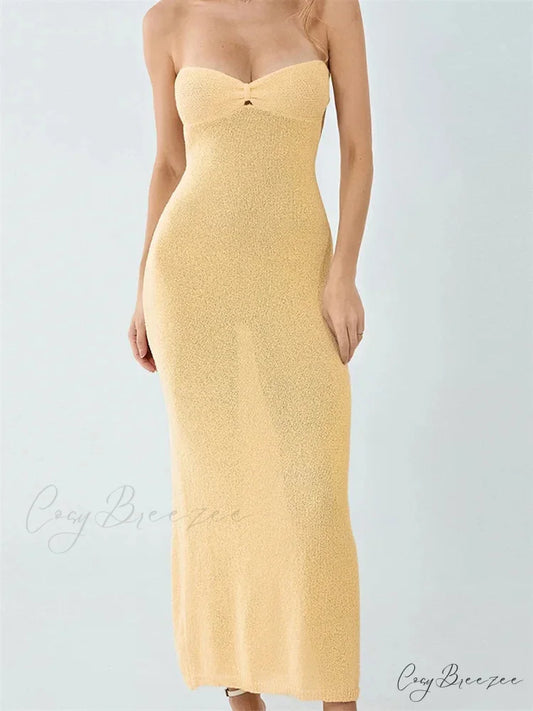 Sexy Women Knitted Tube Strapless Off Shoulder Solid Summer Tie-up Backless Beach Female Vestidos
