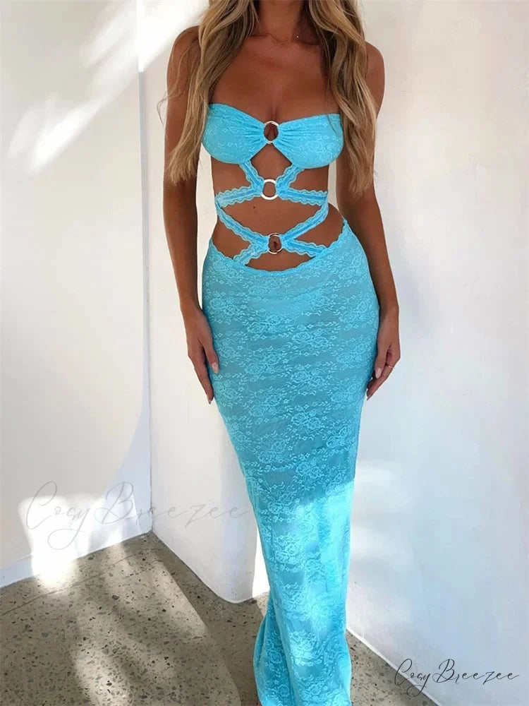 Sexy Women Lace Hollow-Out Strapless Off Shoulder Tube Summer Backless Fashion Party Female Vestidos
