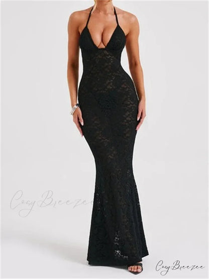 Sexy Women Lace Sexy Mesh See Through Summer Off Shoulder V-neck Halter Black Beach Female Vestidos