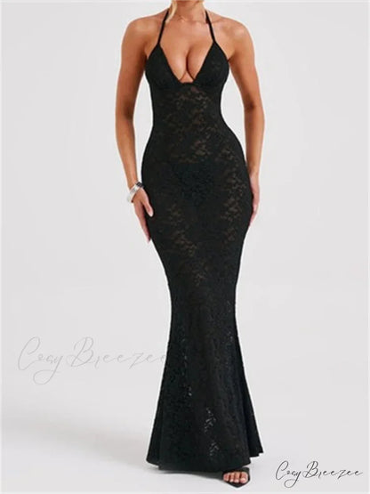 Sexy Women Lace Sexy Mesh See Through Summer Off Shoulder V-neck Halter Black Beach Female Vestidos BLACK / S