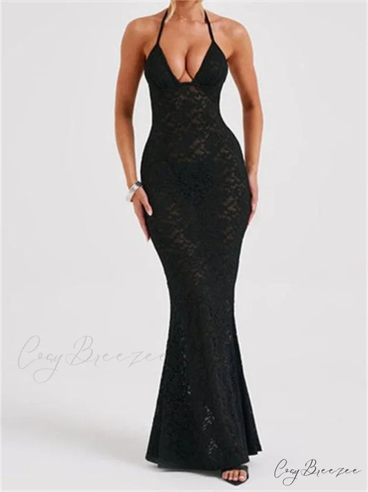 Sexy Women Lace Sexy Mesh See Through Summer Off Shoulder V-neck Halter Black Beach Female Vestidos BLACK / S