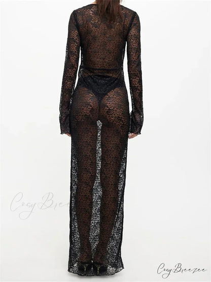 Sexy Women Lace Party Sleeve Crew Neck Front Hollow Out Cocktail Mesh See-Through Vestidos
