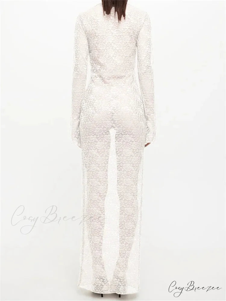 Sexy Women Lace Party Sleeve Crew Neck Front Hollow Out Cocktail Mesh See-Through Vestidos