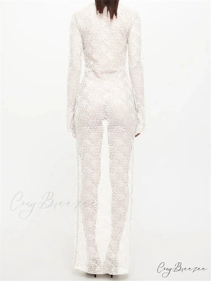 Sexy Women Lace Party Sleeve Crew Neck Front Hollow Out Cocktail Mesh See-Through Vestidos