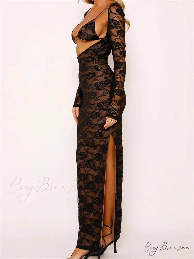 Sexy Women Lace Sleeve Low Cut Deep V-neck Party Club with Bra Summer High Split Vestidos