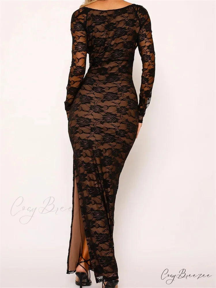 Sexy Women Lace Sleeve Low Cut Deep V-neck Party Club with Bra Summer High Split Vestidos