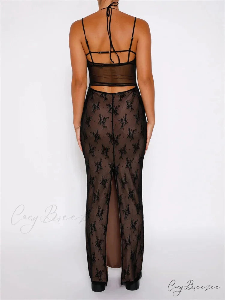 Sexy Women Lace Sleeveless Strap Sling Party Club Mesh See Through Hollow Out Slim Fit Vestidos