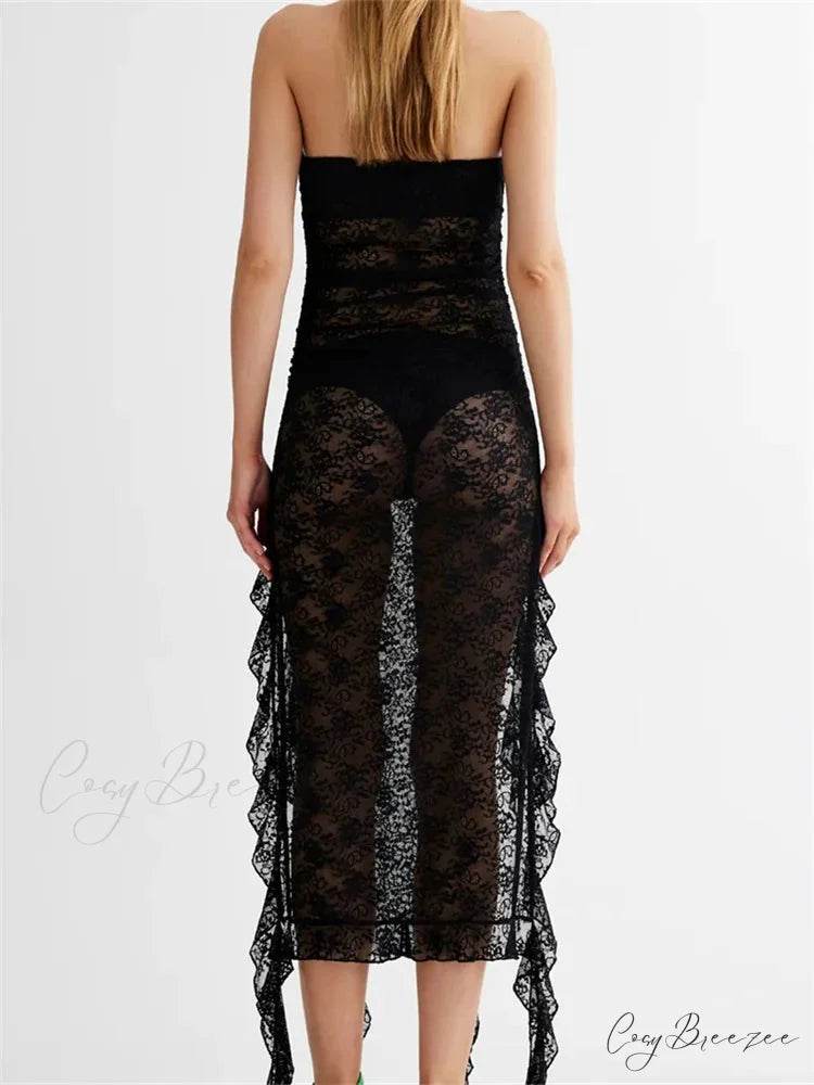 Sexy Women Lace Tube Strapless Off Shoulder Backless See Through Irregular Hem Split Tassels Clubwear New
