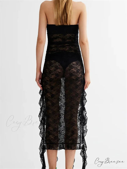 Sexy Women Lace Tube Strapless Off Shoulder Backless See Through Irregular Hem Split Tassels Clubwear New