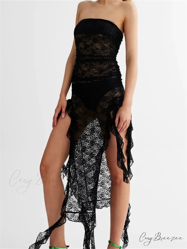 Sexy Women Lace Tube Strapless Off Shoulder Backless See Through Irregular Hem Split Tassels Clubwear New