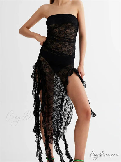 Sexy Women Lace Tube Strapless Off Shoulder Backless See Through Irregular Hem Split Tassels Clubwear New Black / S
