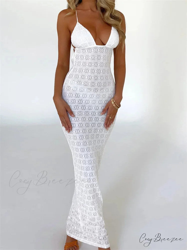 Sexy Women Mesh Sheer See Through Lace Patchwork Backless Deep V-neck Slim Fit Party Beachwear