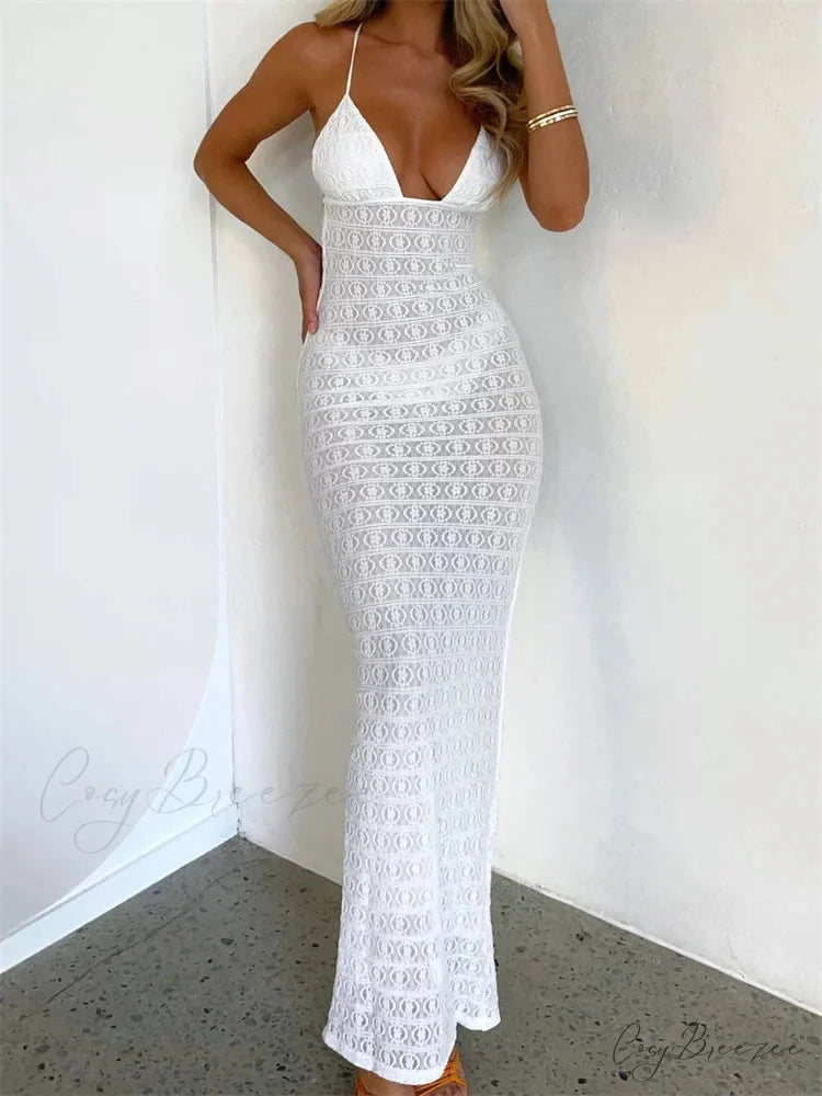 Sexy Women Mesh Sheer See Through Lace Patchwork Backless Deep V-neck Slim Fit Party Beachwear WHITE / S
