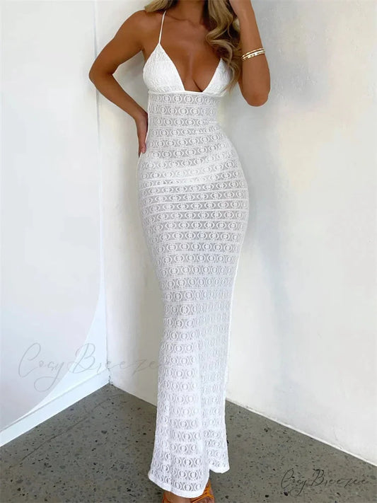 Sexy Women Mesh Sheer See Through Lace Patchwork Backless Deep V-neck Slim Fit Party Beachwear WHITE / S