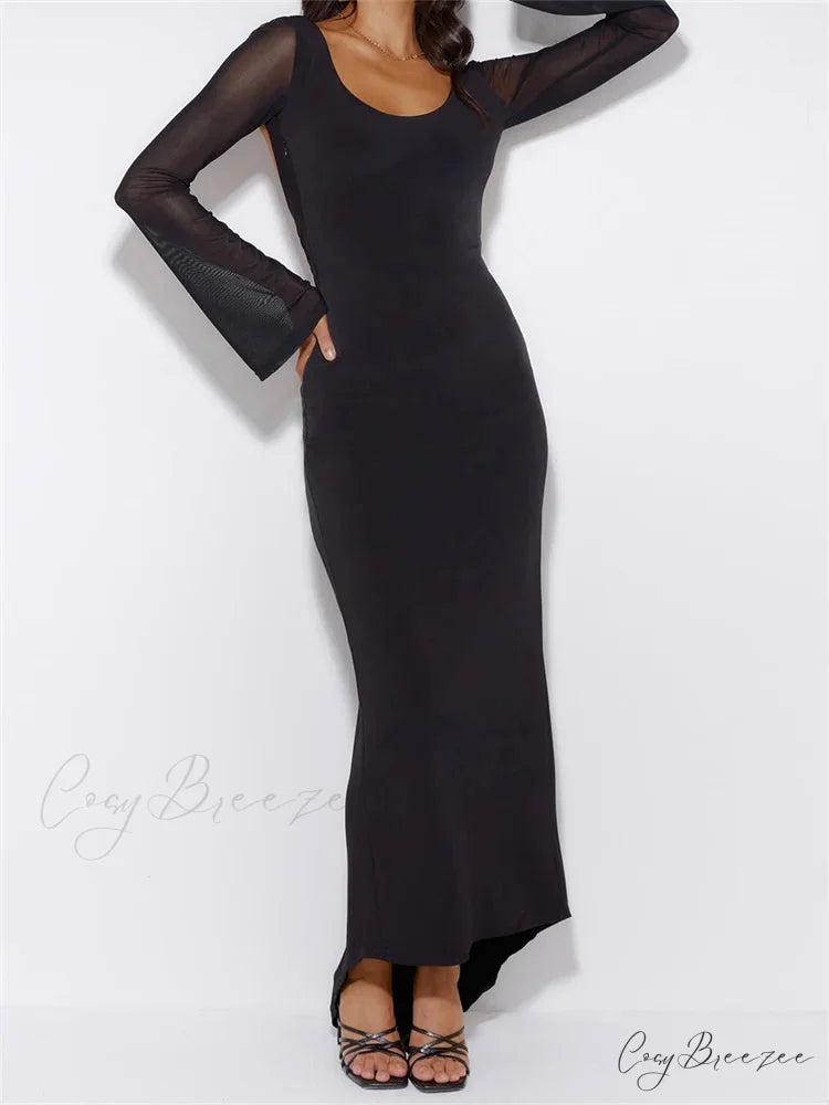 Sexy Women Mesh Sleeve Backless Ruched Lace-up Solid Color Party Female Irregular Hem Vestidos