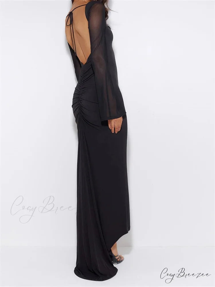 Sexy Women Mesh Sleeve Backless Ruched Lace-up Solid Color Party Female Irregular Hem Vestidos