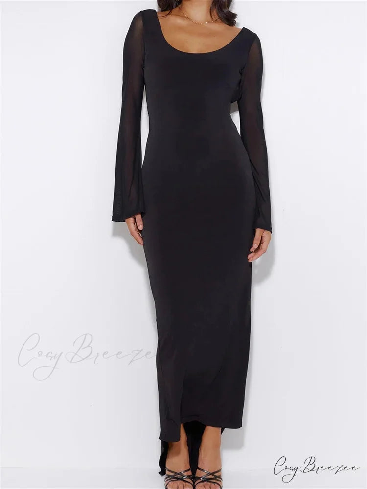 Sexy Women Mesh Sleeve Backless Ruched Lace-up Solid Color Party Female Irregular Hem Vestidos BLACK / S