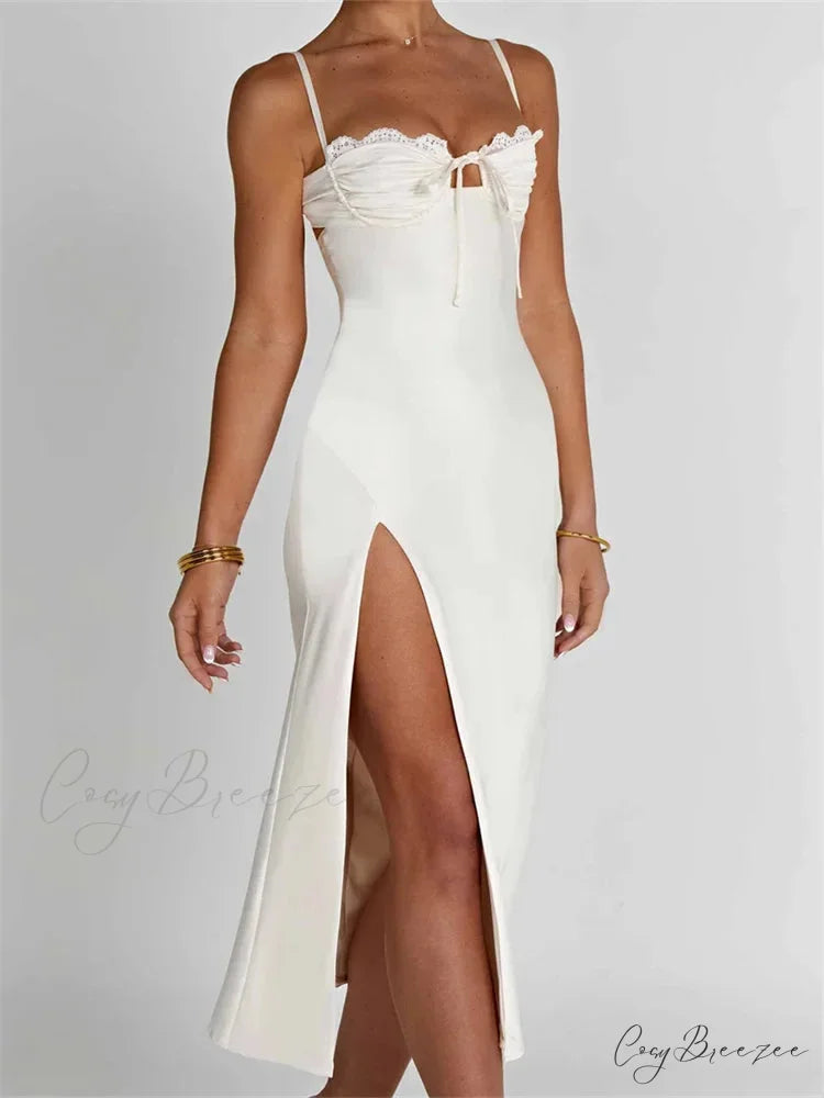Sexy Women Ruched Lace Low Cut Sleeveless Spaghetti Strap High Split Evening Front Tie-up Vestidos