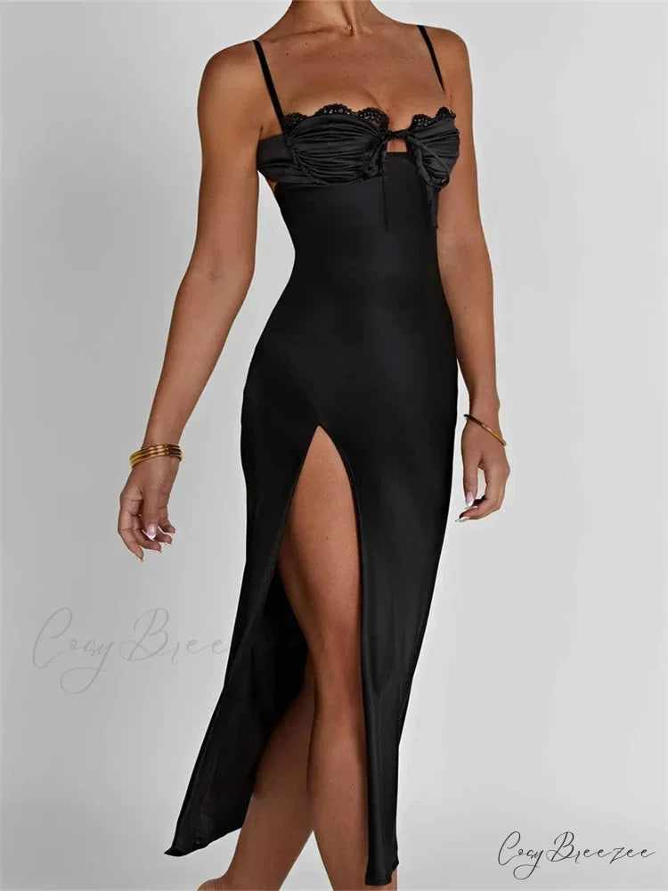 Sexy Women Ruched Lace Low Cut Sleeveless Spaghetti Strap High Split Evening Front Tie-up Vestidos