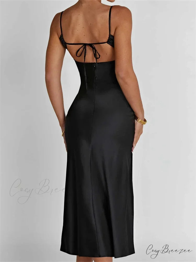 Sexy Women Ruched Lace Low Cut Sleeveless Spaghetti Strap High Split Evening Front Tie-up Vestidos