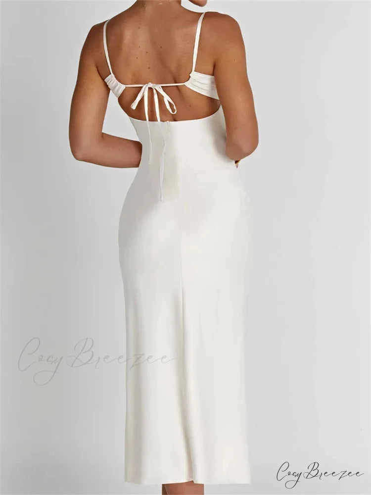 Sexy Women Ruched Lace Low Cut Sleeveless Spaghetti Strap High Split Evening Front Tie-up Vestidos