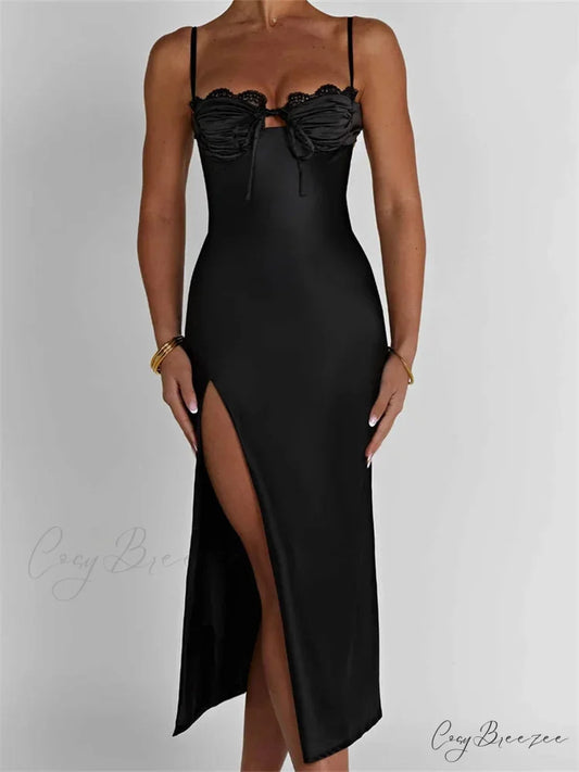 Sexy Women Ruched Lace Low Cut Sleeveless Spaghetti Strap High Split Evening Front Tie-up Vestidos BLACK / S