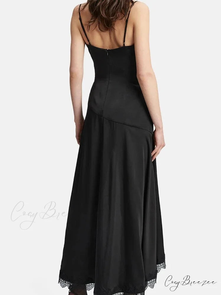 Sexy Women Side High Split Sleeveless Strap V-neck Lace Patchwork Summer Cocktail Party Vestido