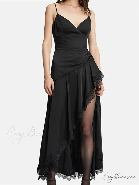 Sexy Women Side High Split Sleeveless Strap V-neck Lace Patchwork Summer Cocktail Party Vestido Black / S