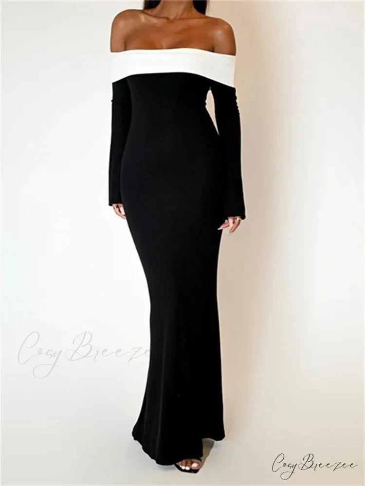 Sexy Women Slash Neck Off Shoulder Sleeve Contrast Color Slim Fit Party Formal Female Vestidos