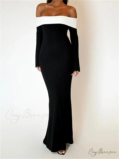 Sexy Women Slash Neck Off Shoulder Sleeve Contrast Color Slim Fit Party Formal Female Vestidos