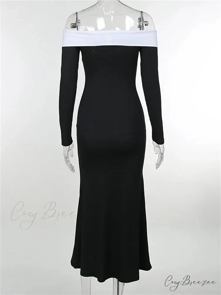 Sexy Women Slash Neck Off Shoulder Sleeve Contrast Color Slim Fit Party Formal Female Vestidos
