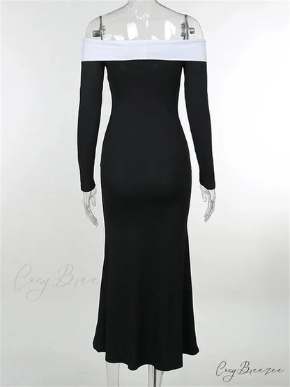 Sexy Women Slash Neck Off Shoulder Sleeve Contrast Color Slim Fit Party Formal Female Vestidos