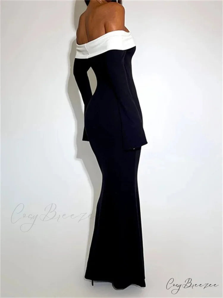 Sexy Women Slash Neck Off Shoulder Sleeve Contrast Color Slim Fit Party Formal Female Vestidos