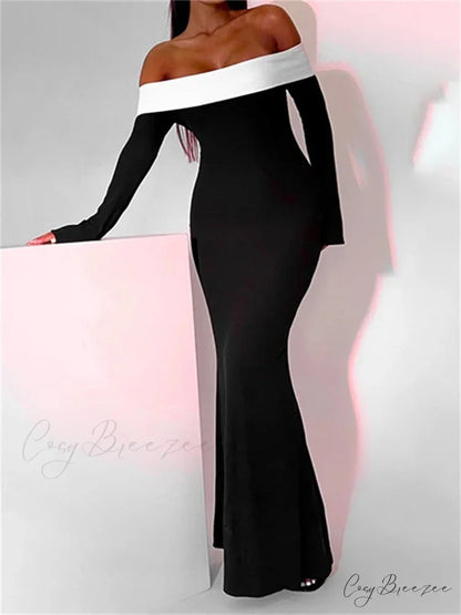 Sexy Women Slash Neck Off Shoulder Sleeve Contrast Color Slim Fit Party Formal Female Vestidos BLACK / S