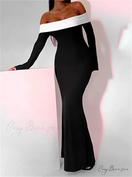 Sexy Women Slash Neck Off Shoulder Sleeve Contrast Color Slim Fit Party Formal Female Vestidos BLACK / S
