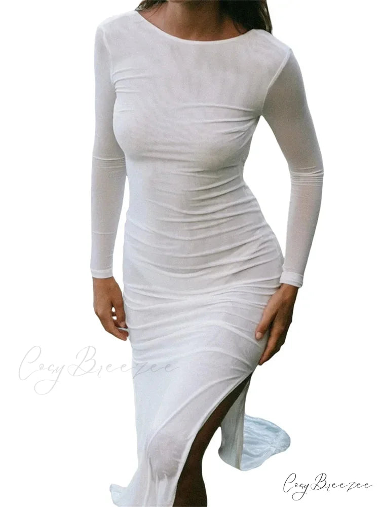 Sexy Women Sleeve Crew Neck Backless Solid Color Slim Fit Side Split Beach Party Female Vestido WHITE / S
